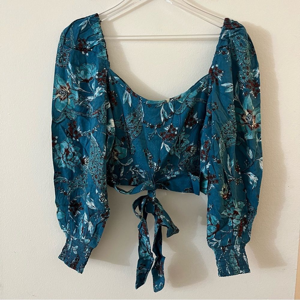 NWT B.O.G. Collective Sybille Teal Floral Crossover Crop Top Boho small - Picture 11 of 15